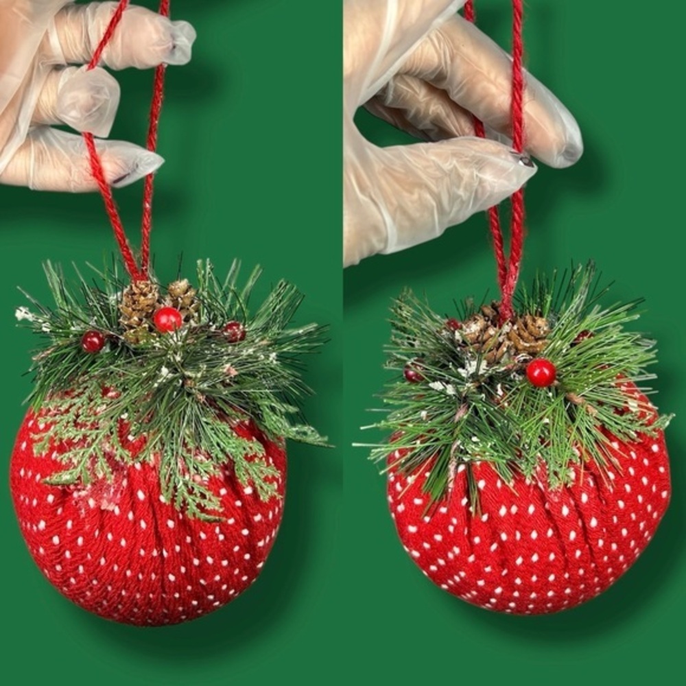 Red, White And Green Dotted Decorative Bauble Ornament - Set Of 2 - “Icicles”